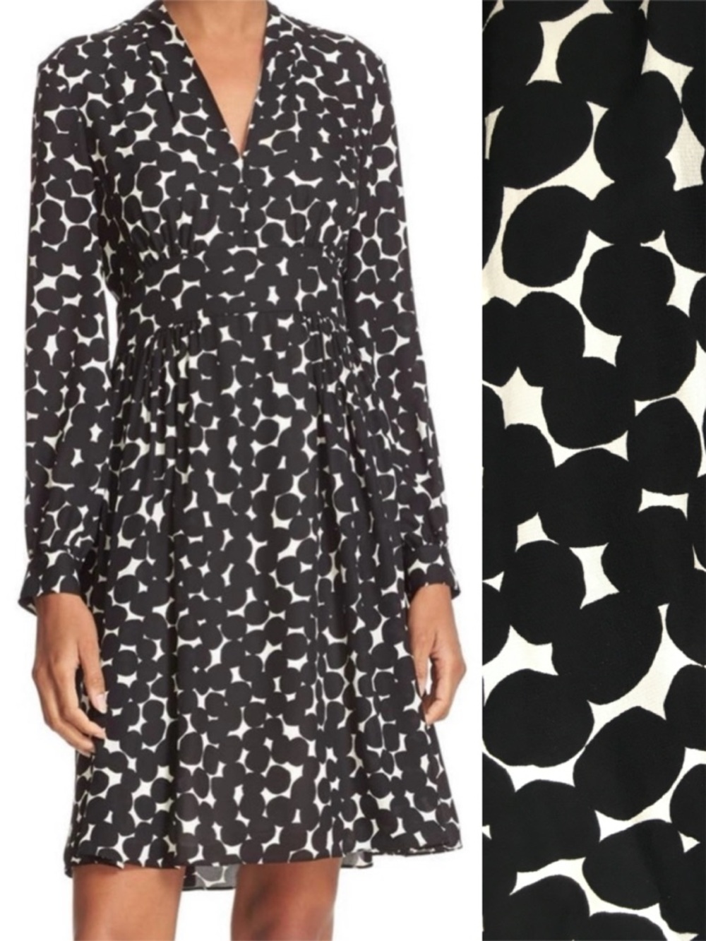 Black and White Silk Kate Spade Long Sleeve Blot Dot V-Neck Dress -4-